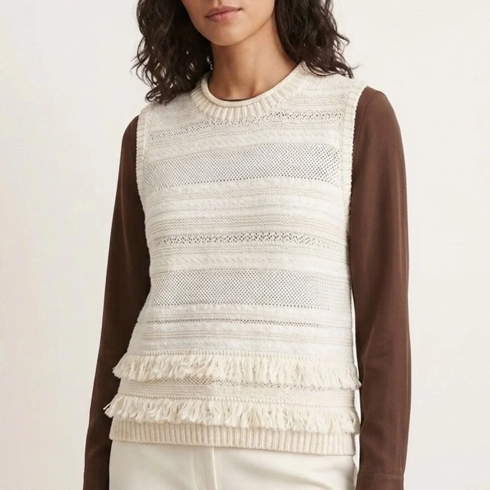 Club Monaco Womens Ivory Striped Fringe Knit Sweater Vest Large Sleeveless Cream